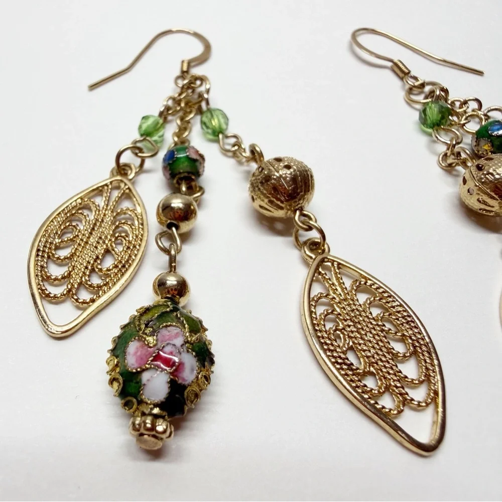 Gold Tone Cloisonne Bead Leaf Hook Dangle Earrings
